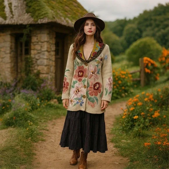 Anthopologie Sleeping On Snow Sweater Coat Hand Painted Poppies Size Medium - Picture 10 of 16